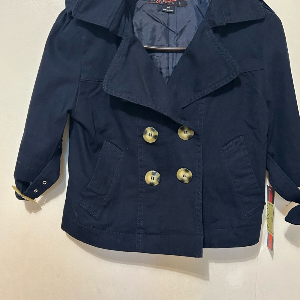 Women’s Navy Double-Breasted Lined Cotton Blazer Sz XS Epaulettes & Pleated Back